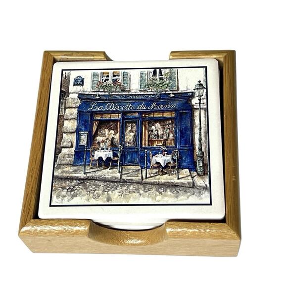 Ceramic Coasters Set Of 4 La Divette Du Moulin Cork Back Tray Paris Cafe - Picture 6 of 12